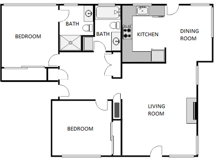Floor plan for 2 beds, 2 baths, 1050 sqft